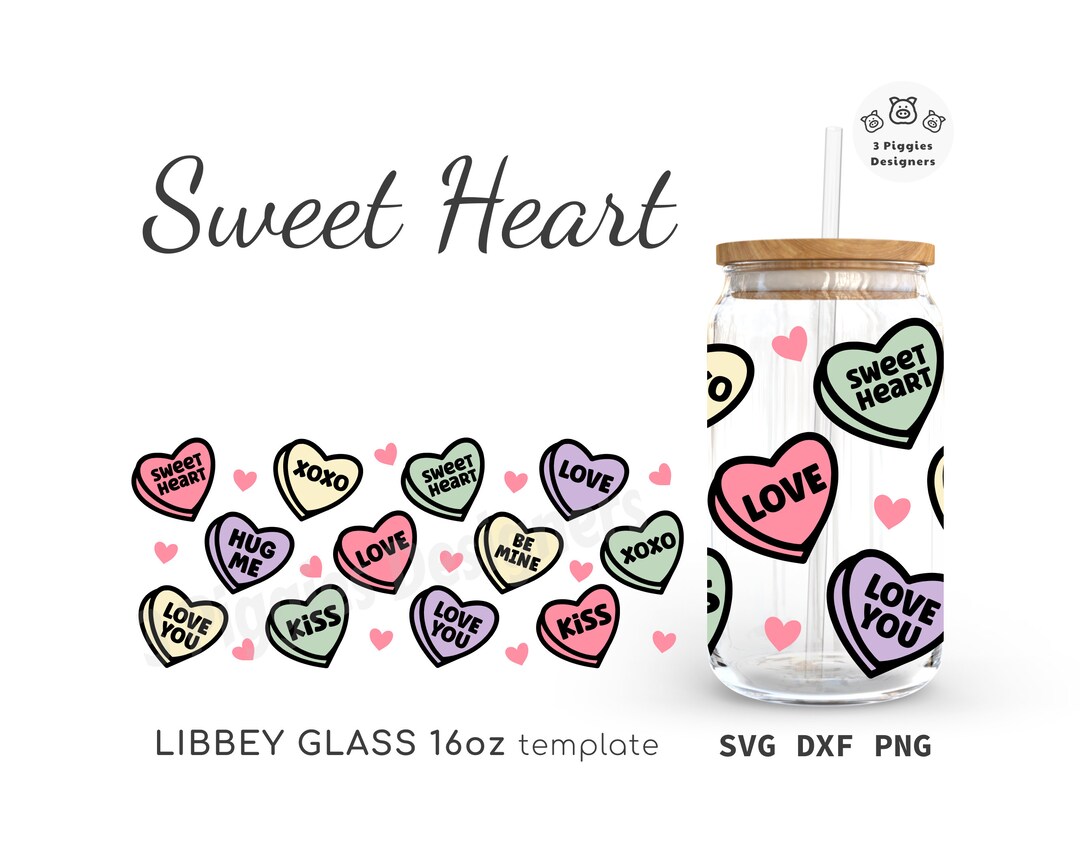 Sweet Heart Libbey 16oz Valentines Day Can Glass Wrap. Love Heart