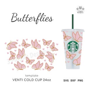 Schmetterling 24 Unzen Venti Kalt • Starbucks Tasse • Schmetterlinge mit Herzen png dxf für Cricut Silhouette Instant Wrap Datei Download