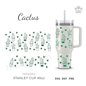 Cactus 40oz Stanley Sin Agujero • Cactus y Corazones Quencher Wrap archivo svg Cricut dxf Silueta archivo de corte Descarga instantánea png Sublimación