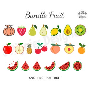 Paquete de frutas SVG • Manzana Aguacate Cereza Kiwi Limón Naranja Melocotón Pera Piña Calabaza Fresa Sandía • png dxf pdf Cricut Silhouette