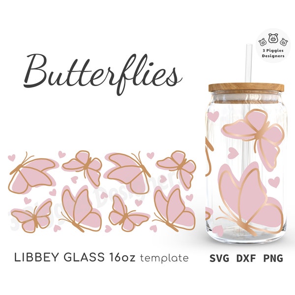 Butterflies Libbey Can Glass Wrap 16oz, Butterfly SVG PNG DXF cut file Digital instant Download Cricut Silhouette