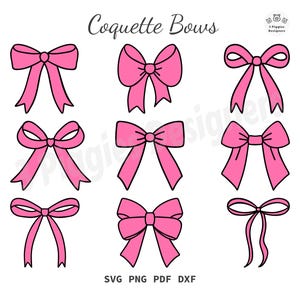 May include: Set of nine pink bow illustrations in various styles.  The bows are outlined in black and are perfect for crafting projects, scrapbooking, or digital design.