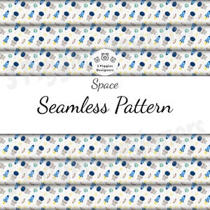 May include: A seamless pattern featuring a repeating design of astronauts, rockets, planets, and stars in blue, yellow, and green on a white background. The text "Space Seamless Pattern" is displayed.