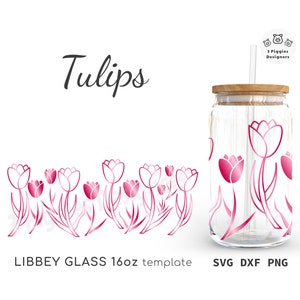 Tulpen Libbey 16oz glas, kan glas sjabloon SVG PNG DXF digitale download, bloemen Libbey sjabloon gesneden bestand Cricut silhouet