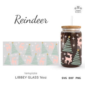 May include: Reindeer themed tumbler template for a 16oz Libby glass. The design features pink reindeer and green trees with gold stars on a white background. The template is available in SVG, DXF, and PNG formats.