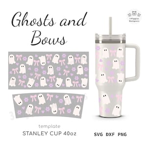 May include: A white tumbler with a lid and straw, featuring a pattern of ghosts and pink bows on a gray background. The tumbler is labeled "Stanley Cup 40oz" and the design is also available in SVG, DXF, and PNG formats.