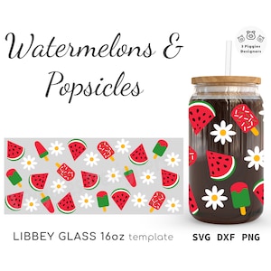 Op de afbeelding: Watermeloen- en ijslolly-ontwerp voor een 473 ml Libbey-glas. Het ontwerp bevat rode watermeloenen, groene ijslolly's en witte bloemen. Het ontwerp is beschikbaar in de formaten SVG, DXF en PNG.