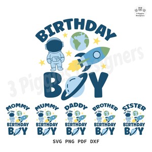 Compleanno in famiglia nello spazio • Disegni di astronauti SVG, Razzo png, Terra pdf, Stella dxf, Download di file di taglio digitale istantaneo