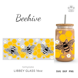 Bijenkorf Libbey 16oz • Bijen svg ontwerp voor Cricut, dxf silhouet, png sublimatie, honingraat wrap-bestand. Daisy Cut-bestand direct downloaden