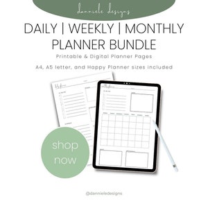 Daily | Weekly | Monthly Planner Bundle - 4 Pages in 4 Sizes (A4, A5, Letter, Happy Planner), PDF Printable, Digital Planner, Templates
