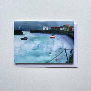 Boats in Harbour illustrated card | Cornwall card | 5 x 7 inch greetings card | Card for any occasion | Blank inside