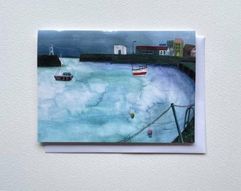 Boote im Hafen illustrierte Karte | Cornwall Karte | 5 x 7 Zoll Grußkarte | Karte für jeden Anlass | Innen leer