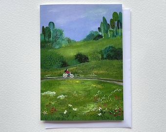 Girl on bike illustrated card | Summer fields card | 5 x 7 inch greetings card | Card for any occasion | Blank inside