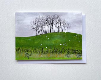 Sheep on hill illustrated card | Winter scene card | 5 x 7 inch greetings card | Card for any occasion | Blank inside