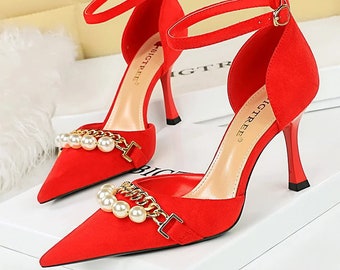 BIGTREE Shoes Sandales à chaîne en métal perlé pour femme