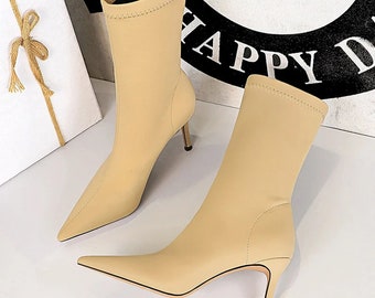 Stretch High Heel Boots Herbst Stiefel wie Spitze Spitze Booties Weiblich