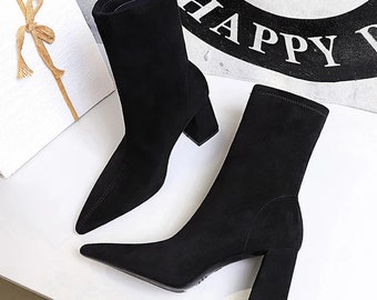 BIGTREE Shoes High Heel Boots Suede Women Ankle Boots Pointed Toe Socks