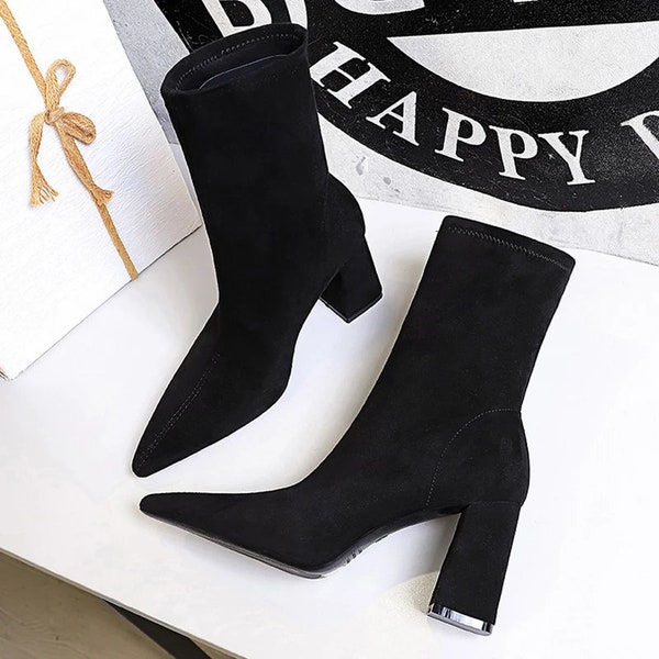 BIGTREE Shoes High Heel Boots Suede Women Ankle Boots Pointed Toe Socks
