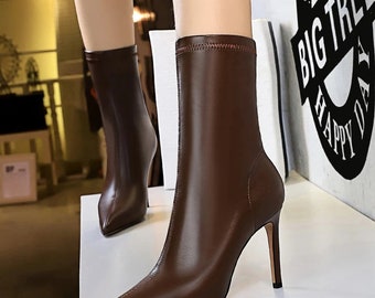 Mid-Calf Boots Leather Shoes Autumn Boots Stiletto Pumps Short Boots Female