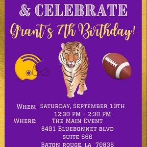 Football Birthday Party Invitation Purple and Gold Tiger