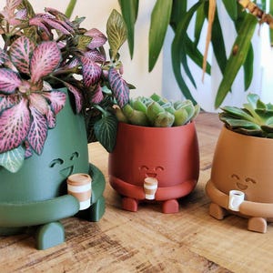 Op de afbeelding: Drie eigenzinnige plantenpotten in groen, rood en bruin, elk met een lachend gezicht en een klein koffiekopje. De groene pot bevat een plant met roze en groene bladeren. De andere twee potten bevatten vetplanten. De potten staan op een houten oppervlak.