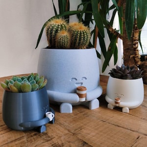 コーヒーを飲んでいるハッピーフェイスの植木鉢 - 屋内用植木鉢 - ホワイト/マーブル ホワイト/グレー