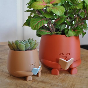 Doniczka „Wesoła buźka” z książką – doniczka do wnętrz – brązowa/terakotowa/ciemnozielona/przytłumiona zieleń