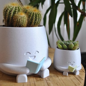 Happy Face Übertopf mit Buch - Indoor Pflanztopf - Marmor/Weiß/Grau