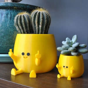 Könnte beinhalten: Zwei gelbe Keramik-Blumentöpfe in Form von Comicfiguren mit Armen und Beinen. Der größere Topf hat eine Kakteenpflanze drin und der kleinere Topf hat eine Sukkulentenpflanze drin.