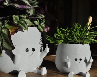 Cute Face Middlefinger Plant Pot – Unique MARBLE WHITE Happy Head Planter for Indoor House Plants, Cactus, Succulent, Lover Birthday Gift