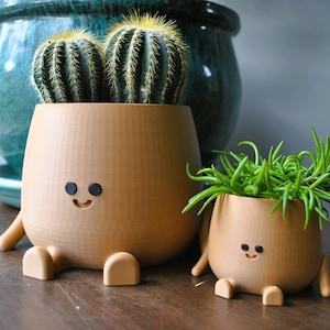 Puede incluir: Dos macetas de cerámica marrón con caras sonrientes y piernas. La maceta más grande tiene dos plantas de cactus en su interior, y la maceta más pequeña tiene una planta suculenta verde en su interior.