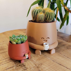 May include: Two terracotta-coloured planters, one with a succulent and the other with cacti. The larger planter has a smiling face and holds a small white mug. The smaller planter also has a smiling face and holds a small white mug.