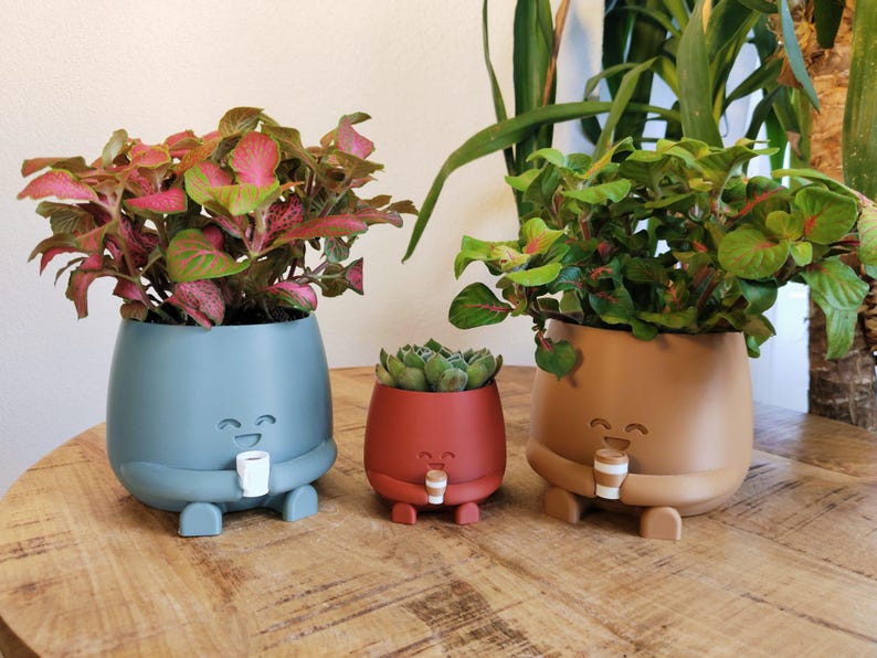May include: Three smiling plant pots in blue, red, and tan, each holding a small cup. The pots contain vibrant green and red plants. The pots are on a wooden table.