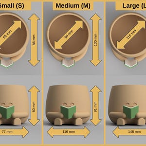 May include: Three beige planters in small, medium, and large sizes are shown. Each planter has a smiling face and is reading a green book. The small planter is 7.7 cm wide and 6 cm tall. The medium planter is 11.6 cm wide and 9.1 cm tall. The large planter is 14.8 cm wide and 11.6 cm tall.