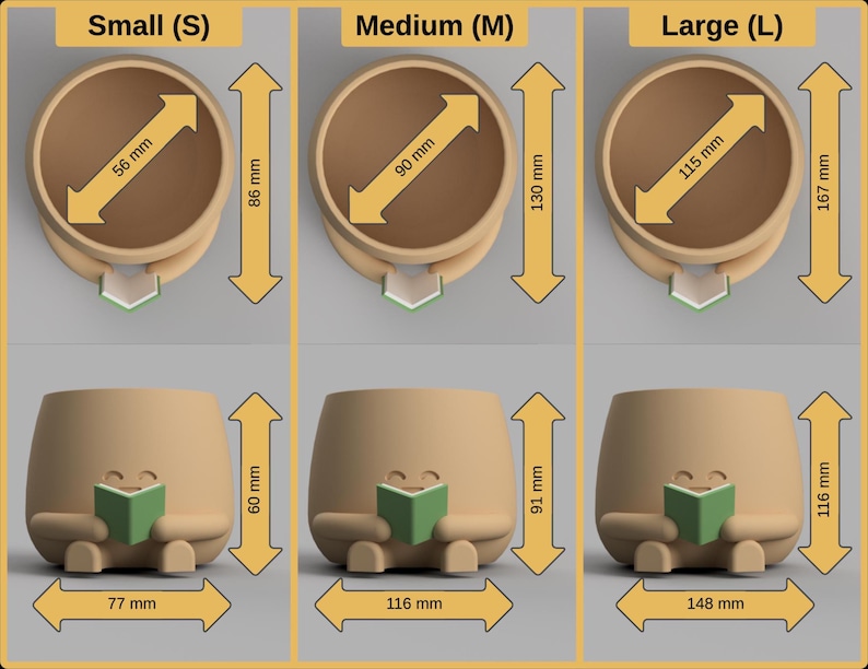 May include: Three beige planters in small, medium, and large sizes are shown. Each planter has a smiling face and is reading a green book. The small planter is 7.7 cm wide and 6 cm tall. The medium planter is 11.6 cm wide and 9.1 cm tall. The large planter is 14.8 cm wide and 11.6 cm tall.