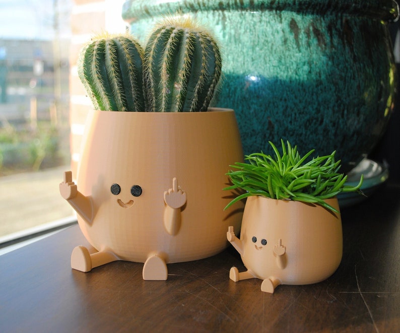 Happy Middle Finger Planter Color: Brown, Kawaii Planter,Planter Cute Face,Succulent Planter,Indoor Planter,Happy Face Plant Pot,Flower Pot image 1