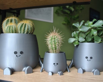 Happy Face-plantenpot: grijze 3D-geprinte plantenbak voor binnen