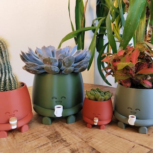 May include: Four quirky plant pots in red and green, each with a smiling face and holding a coffee cup. The pots contain a cactus, succulents, and foliage, set on a wooden surface.