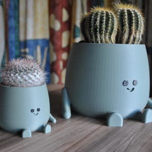 Puede incluir: Dos macetas de color verde azulado claro, con forma de dibujos animados, con cactus. La maceta más grande contiene dos cactus, mientras que la más pequeña tiene uno. Ambas macetas tienen un diseño de cara sonriente con brazos y piernas.