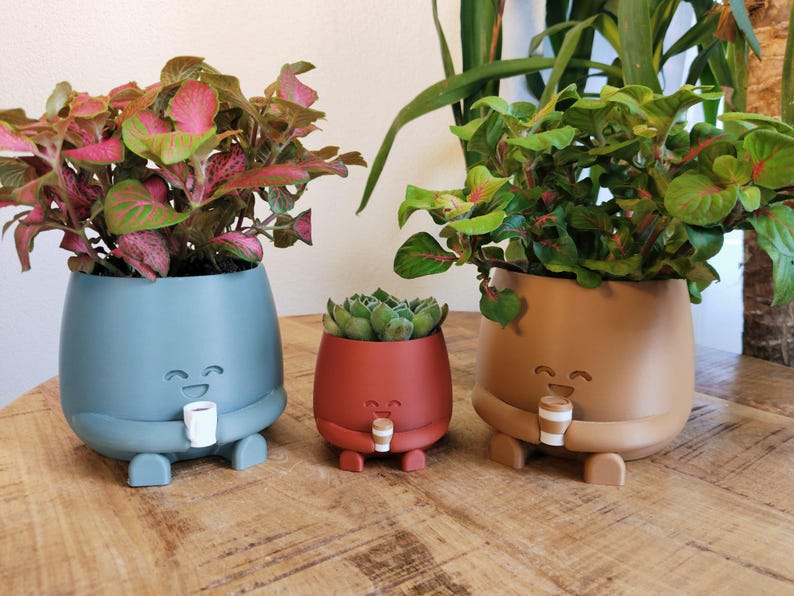 May include: Three quirky ceramic plant pots in blue, red, and tan, each with a smiling face and holding a small cup. The pots are filled with vibrant green and pink plants. The smallest pot holds a succulent. A fun, decorative item for home decor.