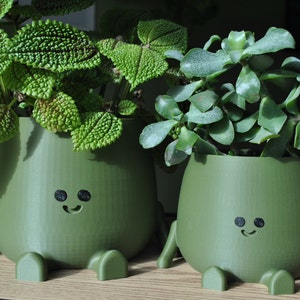 May include: Two green ceramic planters with legs and a smiling face. The planters are filled with green plants.