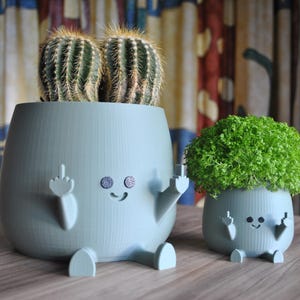 Peut inclure: Deux pots en céramique verte en forme de personnages de dessin animé avec des bras et des jambes. Le plus grand pot contient deux cactus et le plus petit pot contient une plante verte feuillue. Les deux pots ont un visage souriant et font un doigt d'honneur.