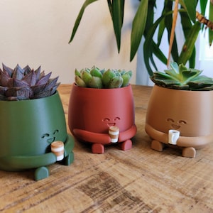 May include: Three colourful succulent planters in green, red, and brown, each with a smiling face and holding a small coffee cup. The planters are on a wooden surface and contain different types of succulents.
