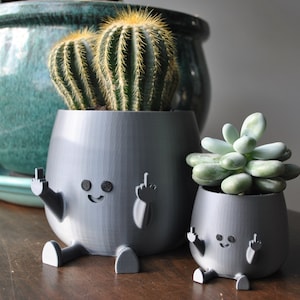 Könnte beinhalten: Zwei graue Keramik-Blumentöpfe mit einem Comic-Gesicht und Mittelfinger-Handgesten. Der größere Topf hat eine Kaktuspflanze und der kleinere Topf hat eine Sukkulentenpflanze.
