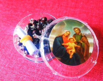 ROSARY in Box with religious image and personalized message, Catholic Rosary and box for storage