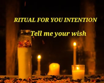 May include: A candlelit ritual scene with the text "RITUAL FOR YOU INTENTION Tell me your wish".  The image features a tall glass candle with dried flowers and two smaller candles.