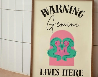 Gemini Star Sign Wall Art Print, Gemini Zodiac Printable Poster, Funny Pink Gemini Digital Download, Gemini Air Celestial Astrology Artwork