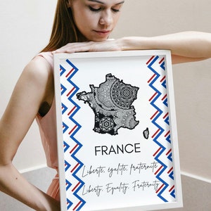 Frankrijk Wall Art Print, afdrukbare kaart van Frankrijk, Franse vlag afdrukbare kunstwerken, patriottische Frankrijk digitale kunstafdruk, poster nationale Bastille
