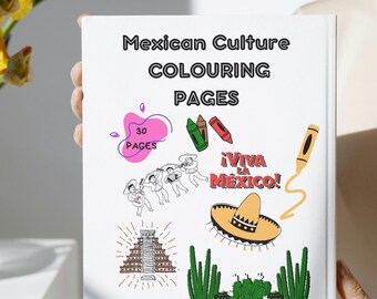 May include: A white book with the title "Mexican Culture Coloring Pages" and a colorful illustration of a sombrero, cacti, and a pyramid. The book has 30 pages.