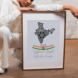 Indian Wall Art, India Map Art, Patriotic Indian Flag Printable Artwork, Indian Country Map Digital Print, Truth Alone Triumphs Slogan